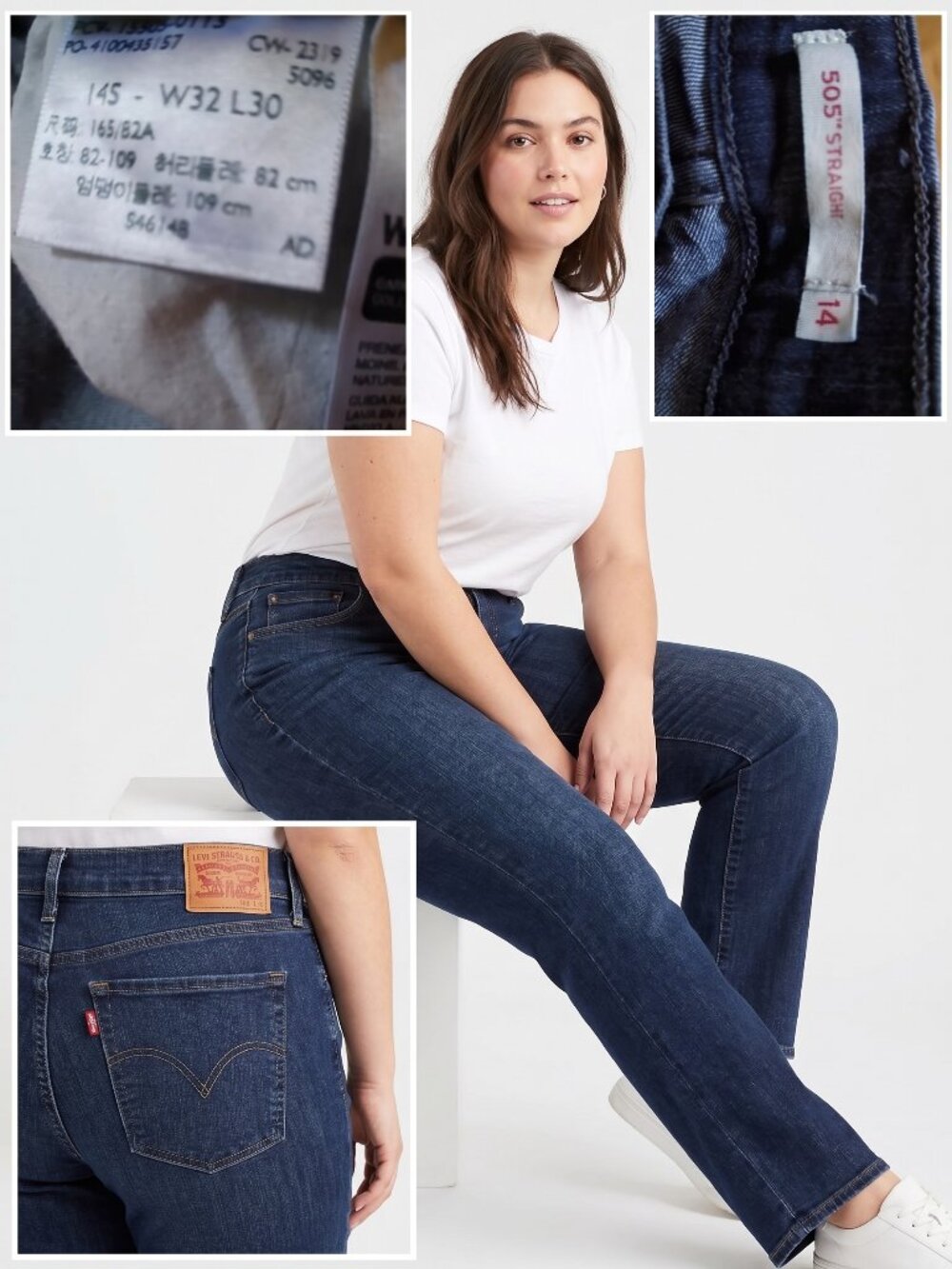 Levis 505 Straight Leg Jeans Size 14 Short Dark Blue Denim Stretch Inseam 30